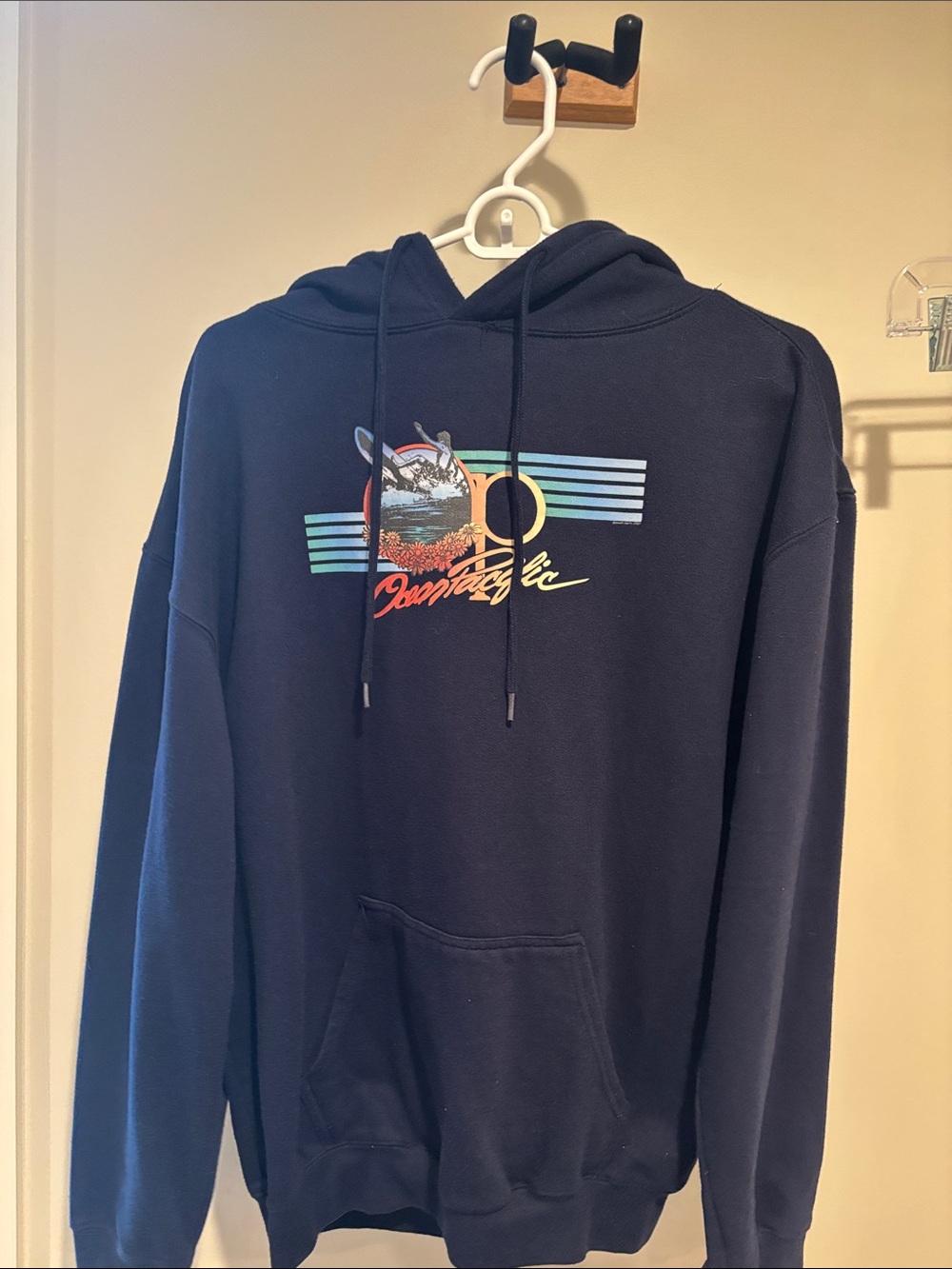 OP Navy Pullover Hoodie with Retro Multicolor Graphic